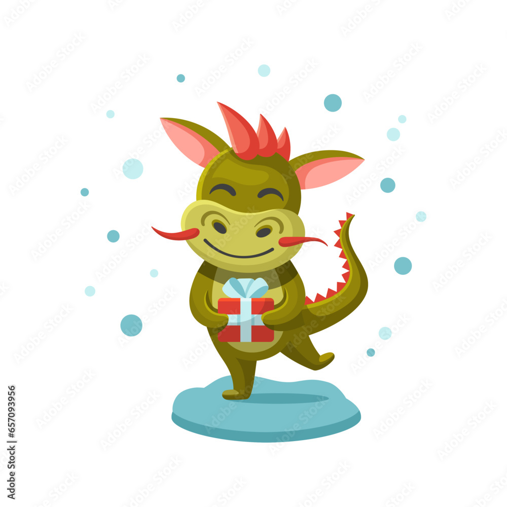 Cute little dragon dragon holding a gift, concept of the year of the dragon. New year 2024 illustration. Postcard with Chinese dragon. Kids illustration. Hand drawn vector illustration Cute little dragon dragon holding a gift, concept of the year of the dragon. New year 2024 illustration. Postcard with Chinese dragon. Kids illustration. Hand drawn vector illustration