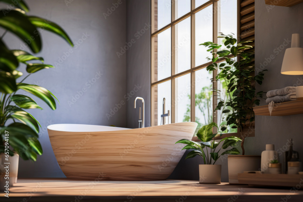 Modern minimalist bathroom with luxurious bathtub in the background of Japandi style bathroom with foliage plant. Health and clean building concept.