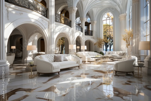 3D rendering of a luxury hotel lobby with marble floors PNG Cutout, Generative AI
