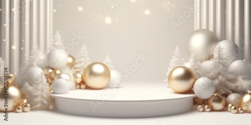 Christmas podium with blurry shiny lights for branding and packaging presentation. Product display with gift boxes, christmas tree, gold white balls, snow. Christmas showcase. Cosmetic and fashion.