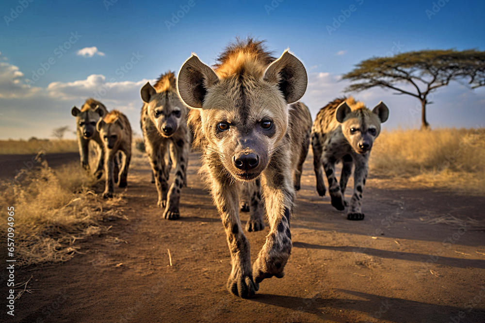 Pack of hyenas walks through Africa - obrazy, fototapety, plakaty 