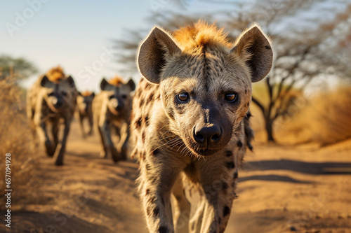 Pack of hyenas walks through Africa