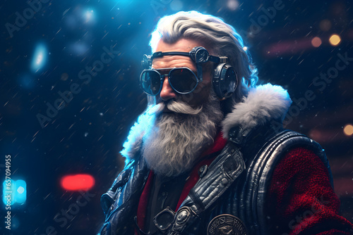 Cool Badass Old Santa on Dark Street, Winter Night, Ai Generated