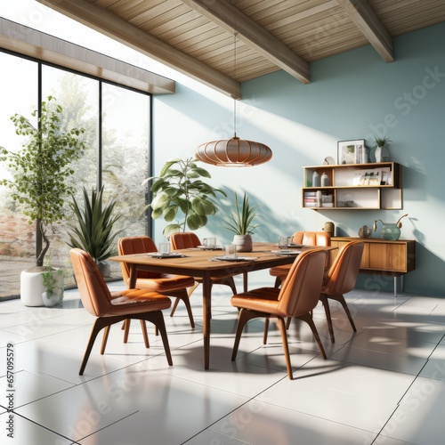 3D rendering of a mid-century modern dining room PNG Cutout  Generative AI