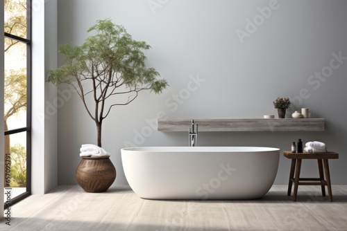 3D rendering of a minimalist bathroom with a freestanding tub and cityscape views, Generative AI photo