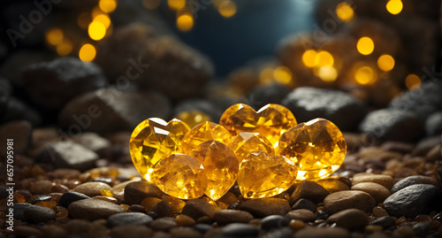 Yellow Sapphire stones in the cave with bokeh background effect. Heartshape stones.  photo