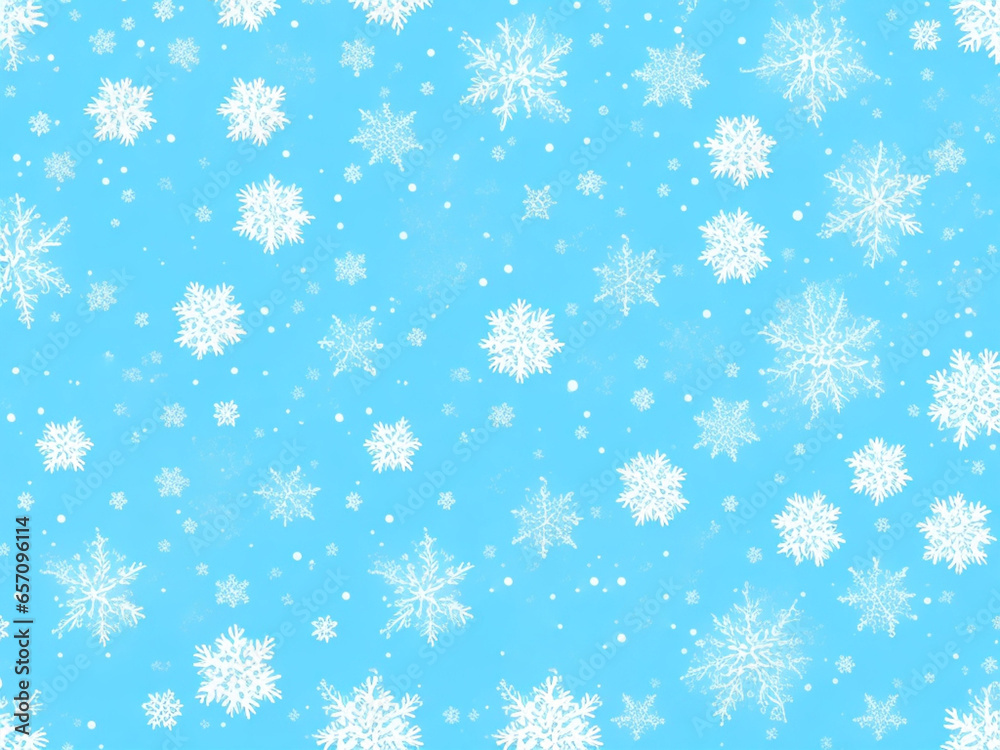 Random falling snow flakes wallpaper. Snowfall dust freeze granules. Snowfall sky white teal blue 
background. Snow nature scenery.