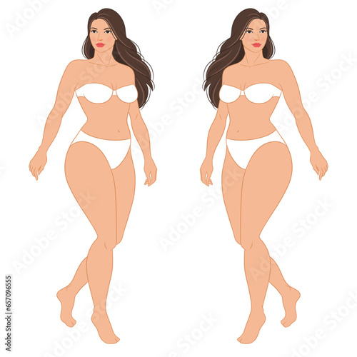 Plus size female fashion figure walking, vector template. Beautiful curvy woman body vector illustration. Female colored croquis with face and hair. 