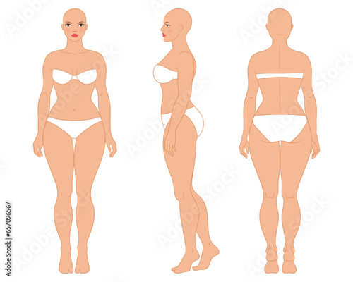 Plus size female fashion figure templates. Curvy woman body vector illustration, front, side, and back views. Curvy fashion model croquis. Female colored croquis with face