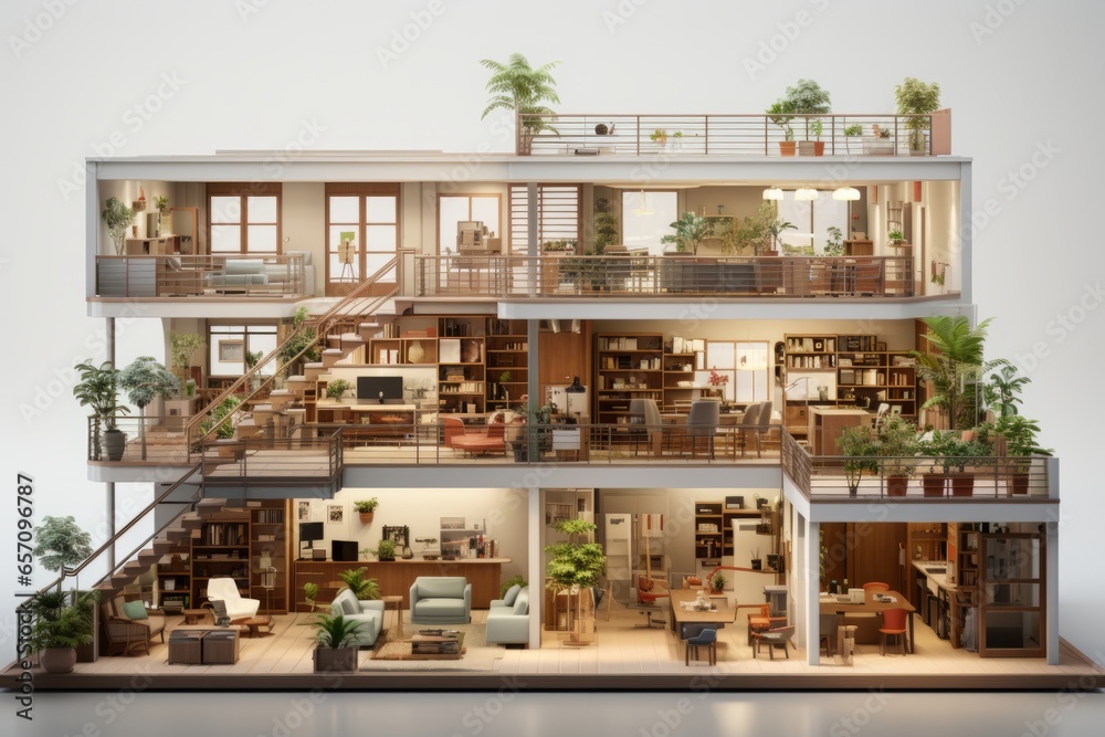 3D rendering of an urban co-living space with communal areas PNG Cutout, Generative AI 3D rendering of an urban co-living space with communal areas PNG Cutout, Generative AI