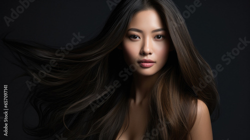 portrait of an asian  woman with long  hair , beauty shot , ai generated
