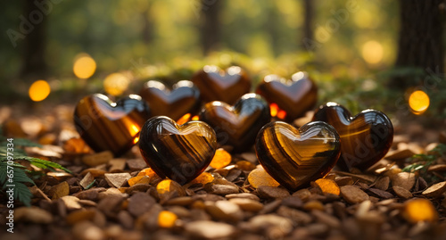 Tiger's Eye stones on pink pastel bokeh background. Healing stones. Attract abundance stones. 