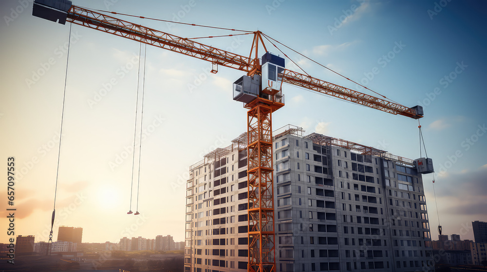 Construction crane on the background of houses in the city. Construction site of a new residential complex concept. Sunny day. 