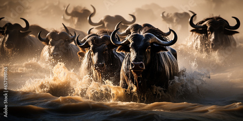 Wildebeest dangerous crossing when migrating between Tansania and the Masai Mara in Kenya