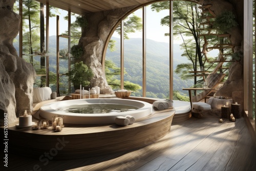  3D rendering of a spa with a tranquil forest view PNG Cutout, Generative AI © Box Milk