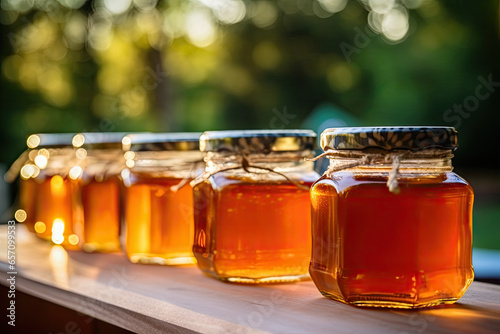 Honey jar on table with nature background