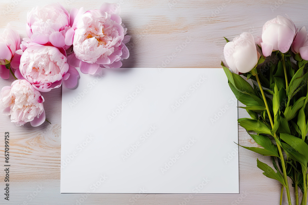 Blank white card stock on table with peonies, top view