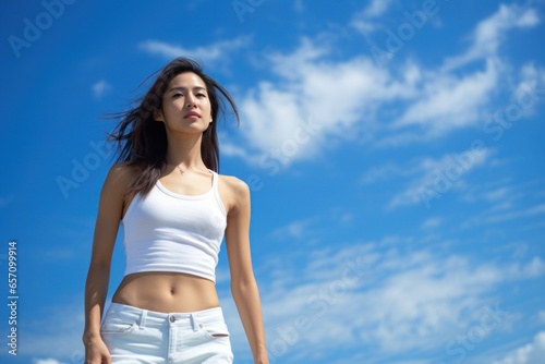 Young Asian woman standing portrait blue sky © blvdone