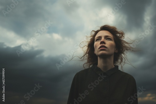 Woman looking up the cloudy sky photo