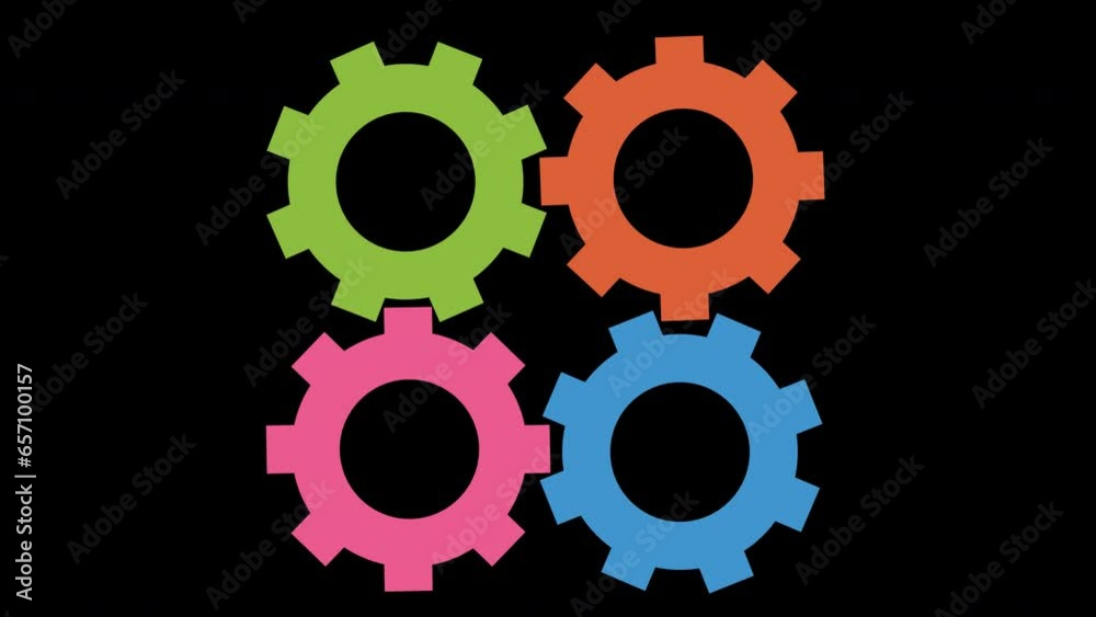 Animated colorful cogwheels combined in group of four elements, spinning on black background, seamless loop, 4k Animated colorful cogwheels combined in group of four elements, spinning on black background, seamless loop, 4k