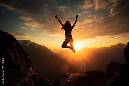 Woman jumping of joy at mountain at sunset