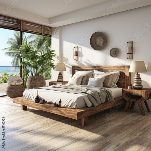 3D rendering of a tropical resort bedroom, Generative AI © Box Milk