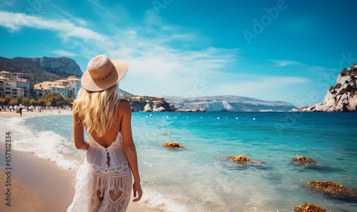 Woman In A White Dress And Hat Walking On A Beach