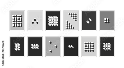 Bauhaus posters. Set of twelv abstract vertical collages with black and white cylinders.