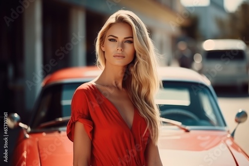 Hot sexy young woman near a 60-70s style retro car in sunglasses and a summer dress with a low neckline © Gizmo