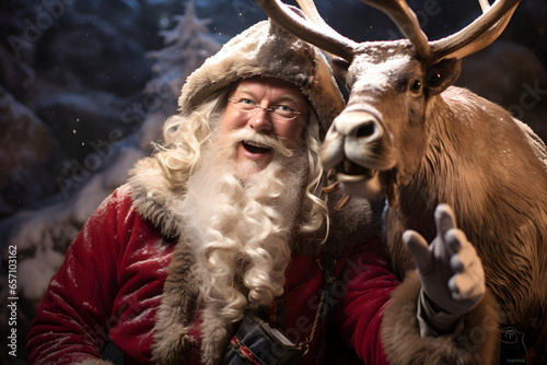 Santa Claus selfie with reindeer, santa take a photo by himself.