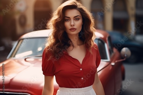 Summer beach vacation travel light open dress with neckline, stylish photo, retro car. Hot sexy young woman near a 60-70s style retro car © Gizmo