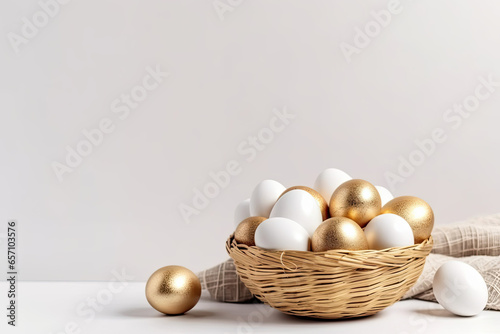 Gold Easter eggs in a nest on a white background, Easter banner 
