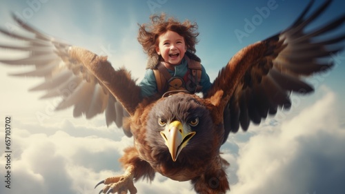 Fotografie, Tablou A Girl, excited, flying the eagle above clouds in the sky
