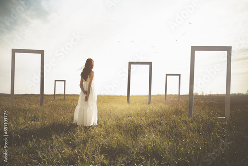 woman faced with the choice of multiple possibilities of surreal doors for her future life; abstract concept