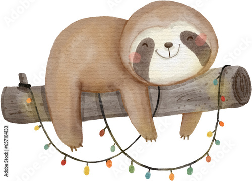 Sloth bear is sleeping on branch of tree and light garlands . Christmas concept . Watercolor paint cartoon characters . PNG .