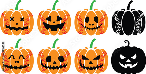 Pumpkin Baseball Halloween, Happy Halloween,  with Orange pumpkin with smile , Vector illustration.