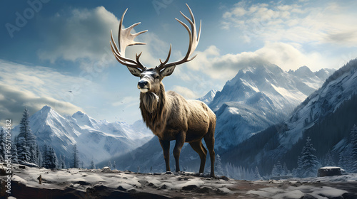 Deer stag in mountain peaks. Winter landscape © Alex Bur