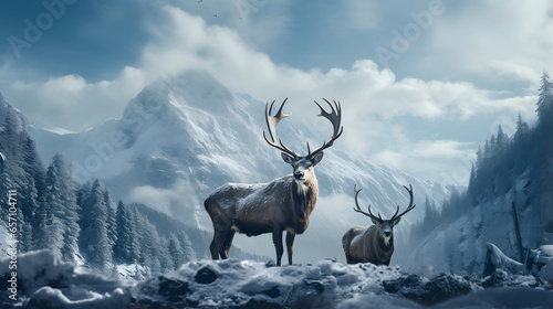 Deer stag in mountain peaks. Winter landscape © Alex Bur