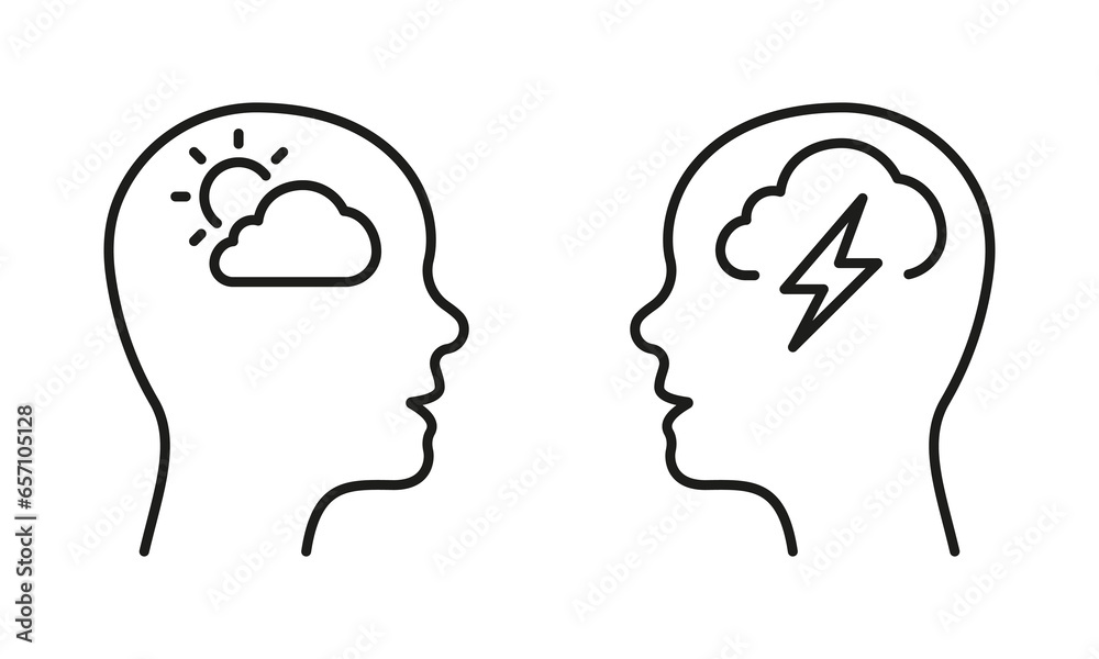 Positive and Negative Thinking Line Icon Set. Human Head with Sad and Good Mood Pictogram. Mental Health, Mind Problem Outline Sign. Healthy Mind Symbol. Editable Stroke. Isolated Vector Illustration Positive and Negative Thinking Line Icon Set. Human Head with Sad and Good Mood Pictogram. Mental Health, Mind Problem Outline Sign. Healthy Mind Symbol. Editable Stroke. Isolated Vector Illustration