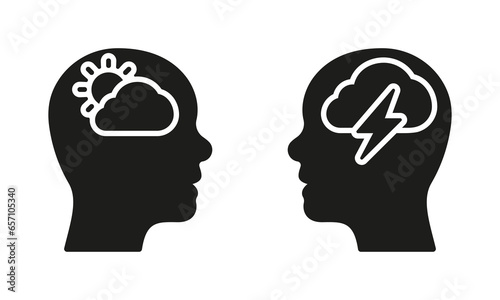Human Head with Sad and Good Mood Pictogram. Pessimism and Optimism Solid Sign. Positive and Negative Thinking Silhouette Icon Set. Healthy Mind Symbol. Mental Health. Isolated Vector Illustration