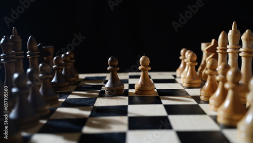 a chess game. Pieces on a chessboard on a black background. Close up