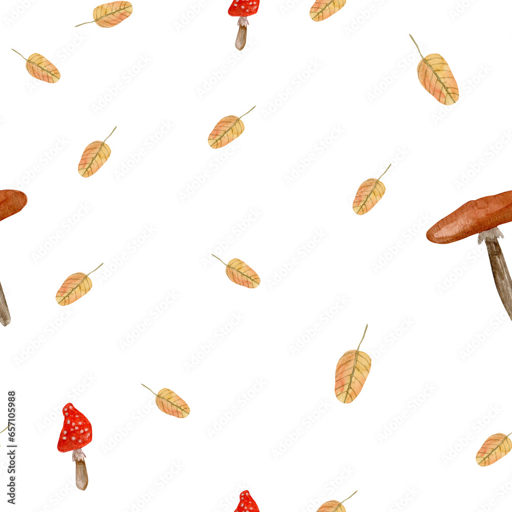 Watercolor pattern with mushrooms and leaves, hand drawn, print with forest plants on a white background. Autumn forest flora and fauna Watercolor pattern with mushrooms and leaves, hand drawn, print with forest plants on a white background. Autumn forest flora and fauna