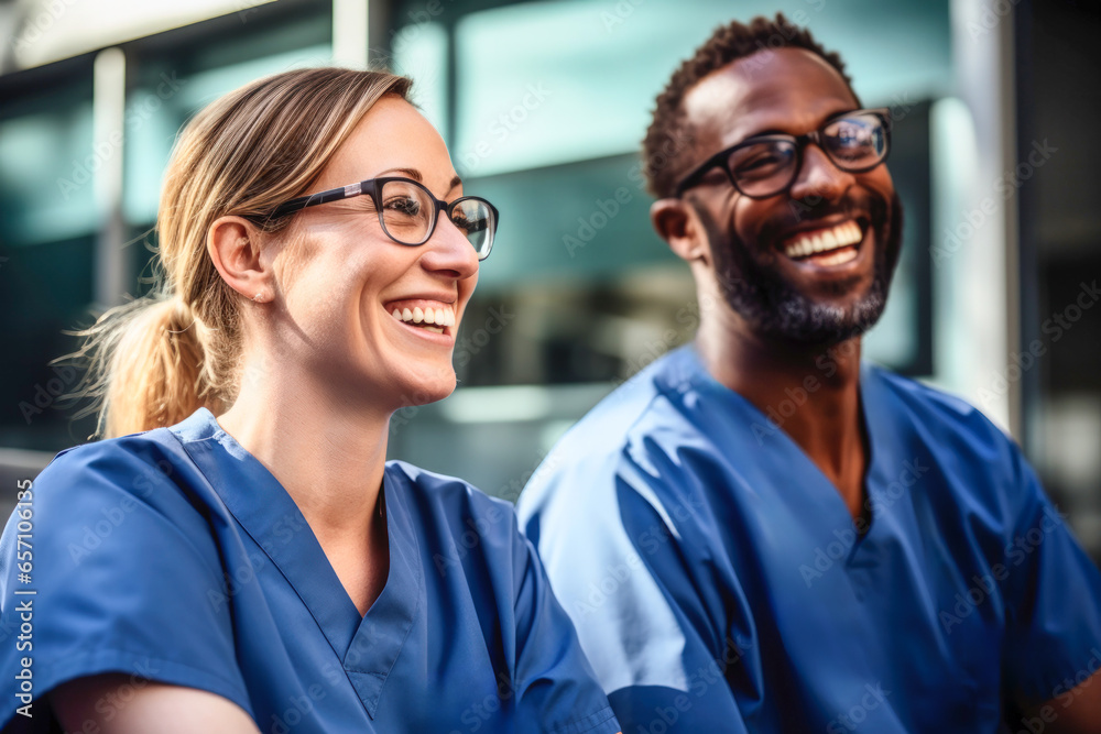 Dynamic Dental Team: Female Doctor and Male Dentist Laughing and Smiling at Seminar Dynamic Dental Team: Female Doctor and Male Dentist Laughing and Smiling at Seminar