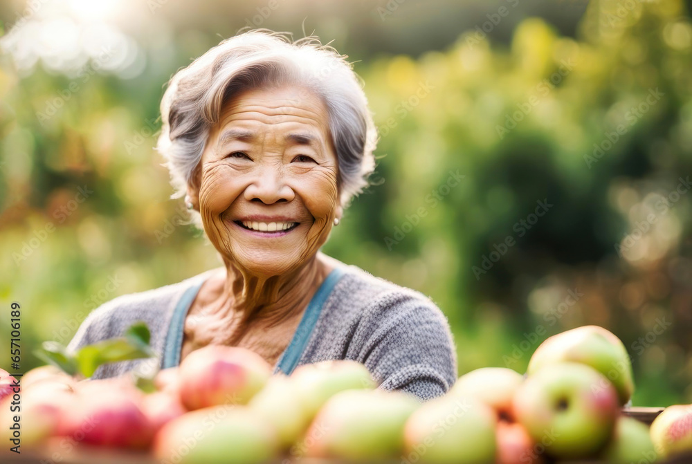 Elderly asian woman harvesting apples - obrazy, fototapety, plakaty 