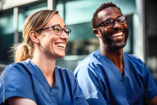 Dynamic Dental Team: Female Doctor and Male Dentist Laughing and Smiling at Seminar