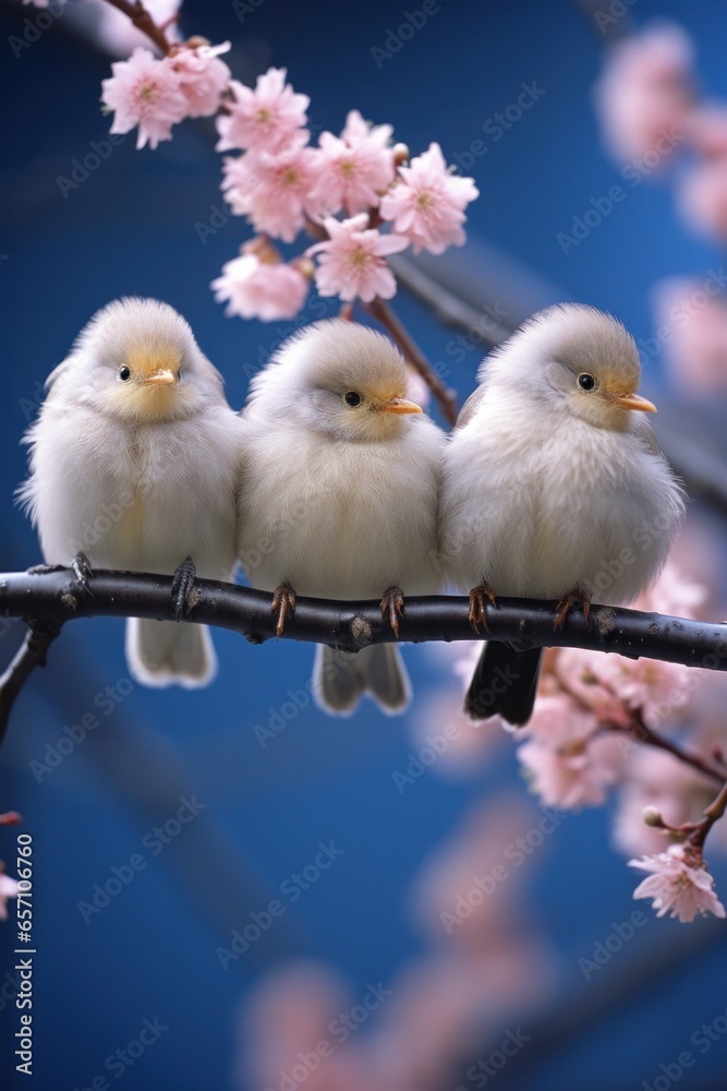 A trio of birds perched on a branch adorned with delicate pink flowers Kodak Portra 400 , large copyspace area, offcenter composition