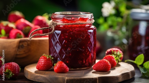 Close-up of homemade strawberry jam in a glass jar