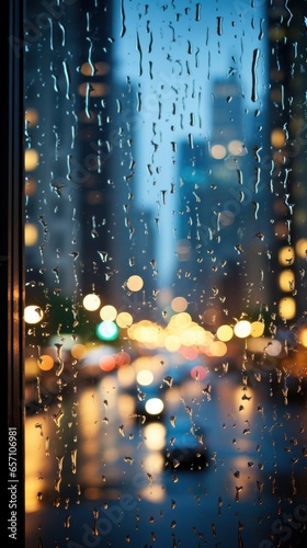 Raindrops on window with blurred cityscape in background