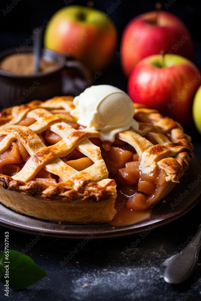 Apple pie with lattice crust, golden brown and steaming hot