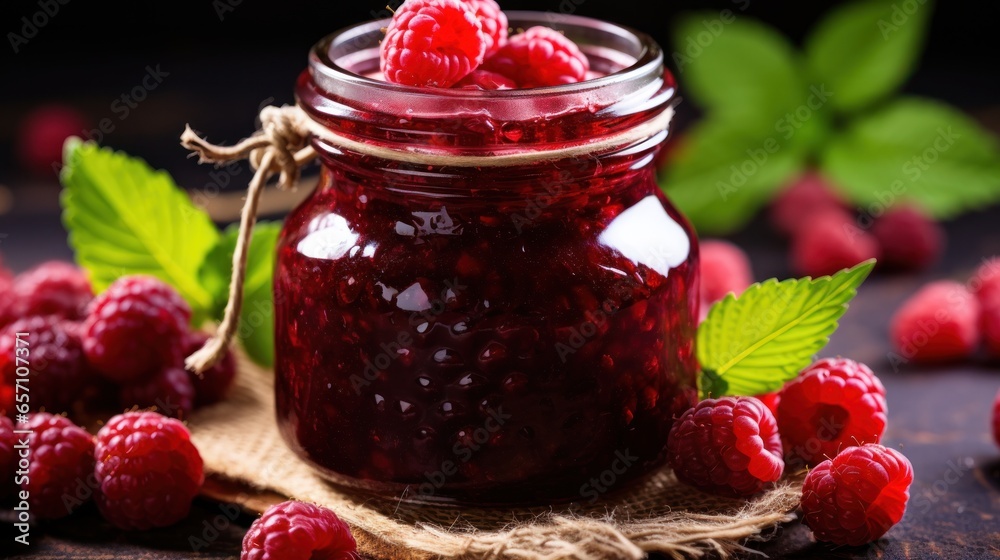 Homemade raspberry jam in a glass jar with fresh berries Homemade raspberry jam in a glass jar with fresh berries